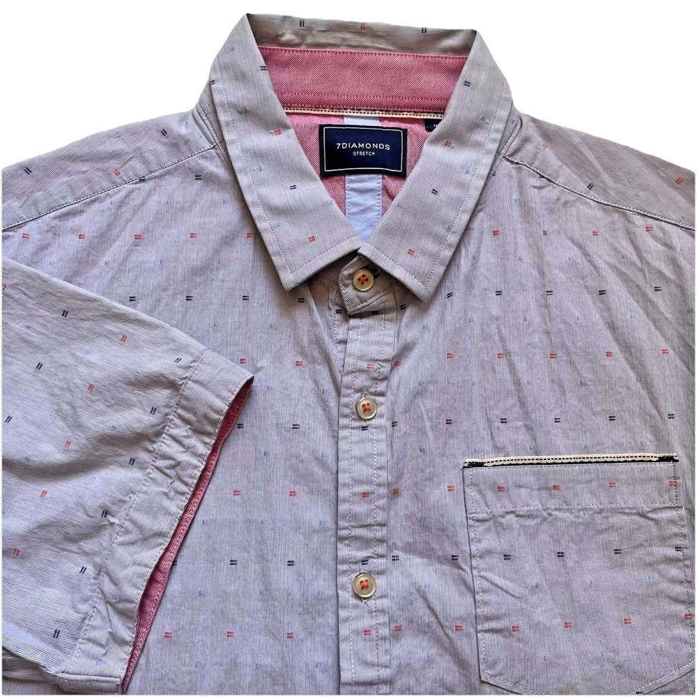 7Diamonds‎ Button Down Mens XL Gray Geometric Stretch Casual Short Sleeve Shirt
